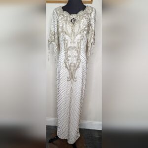 Vtg Silver Beaded Sequins White Lined Sharon Atkins Evening Gown Low Back Size S